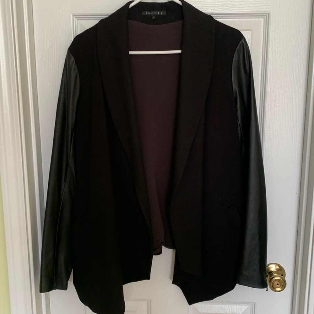 Black jacket with side pockets, leather arms with zippers,  by theory size L